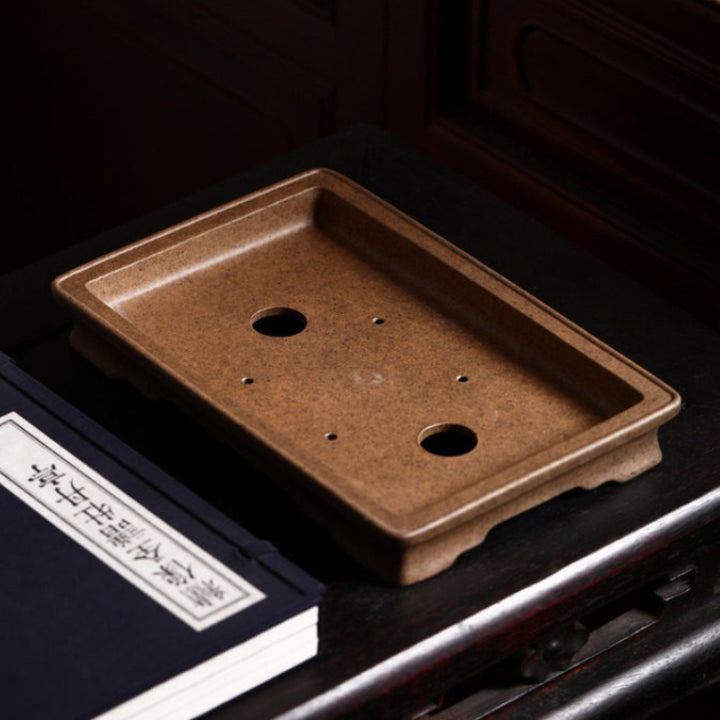 10.5 inch (26.8cm) Large Flared Rectangular Extra-Shallow Unglazed Speckled Finish Bonsai Pot
