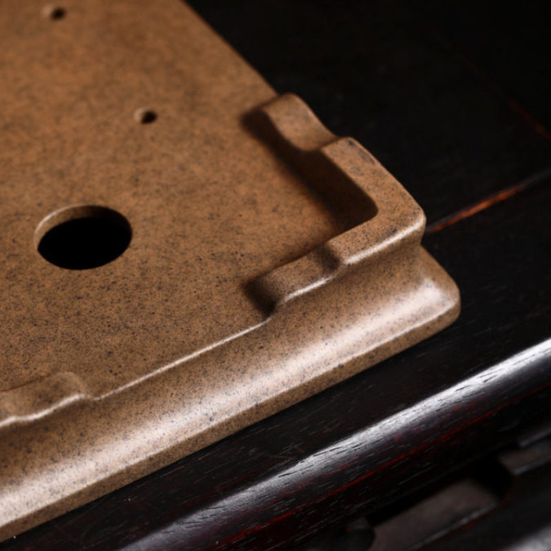 10.5 inch (26.8cm) Large Flared Rectangular Extra-Shallow Unglazed Speckled Finish Bonsai Pot Bottom View Close Shot