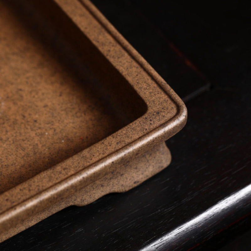 10.5 inch (26.8cm) Large Flared Rectangular Extra-Shallow Unglazed Speckled Finish Bonsai Pot Close Shot