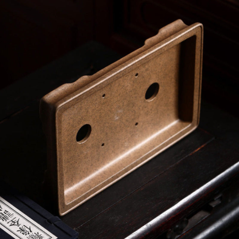 10.5 inch (26.8cm) Large Flared Rectangular Extra-Shallow Unglazed Speckled Finish Bonsai Pot Side Inner View