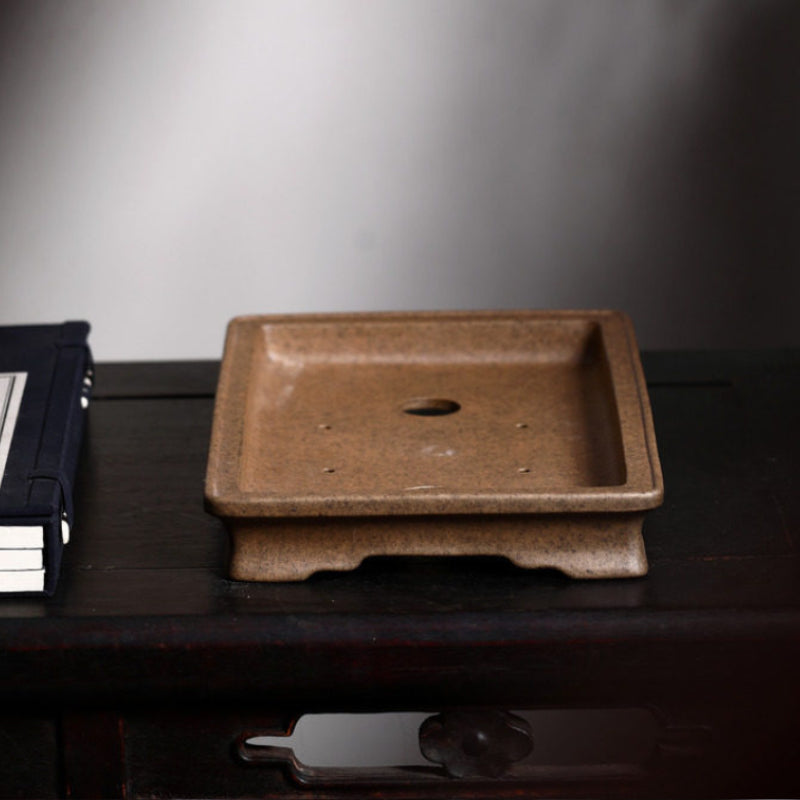 10.5 inch (26.8cm) Large Flared Rectangular Extra-Shallow Unglazed Speckled Finish Bonsai Pot Side Top View