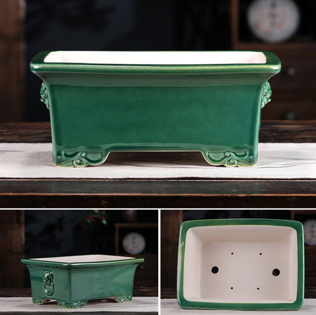 10.6" (27cm) Large  Rectangular Green Glaze Handmade Bonsai Pot