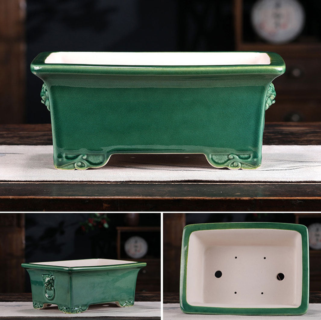 10.6" (27cm) Large  Rectangular Green Glaze Handmade Bonsai Pot