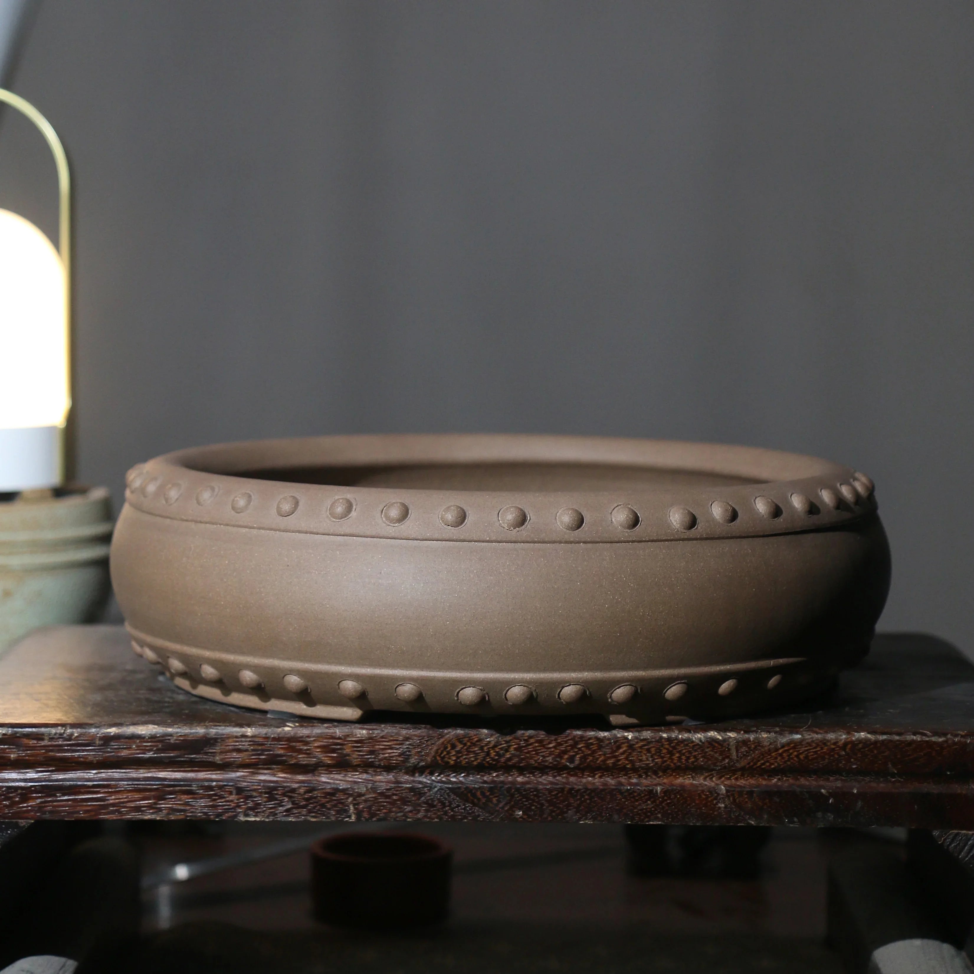 10.6" (27cm) Large Round Studded Drum Bonsai Pots Beige Color