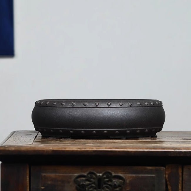 10.6" (27cm) Large Round Studded Drum Bonsai Pots Black Color