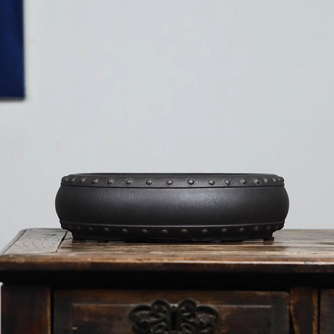 10.6" (27cm) Large Round Studded Drum Bonsai Pots Black Color