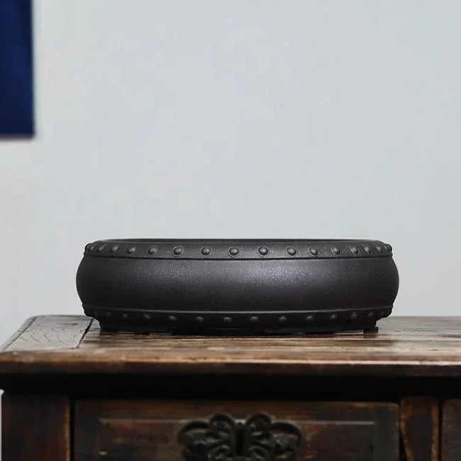 10.6" (27cm) Large Round Studded Drum Bonsai Pots Black Color