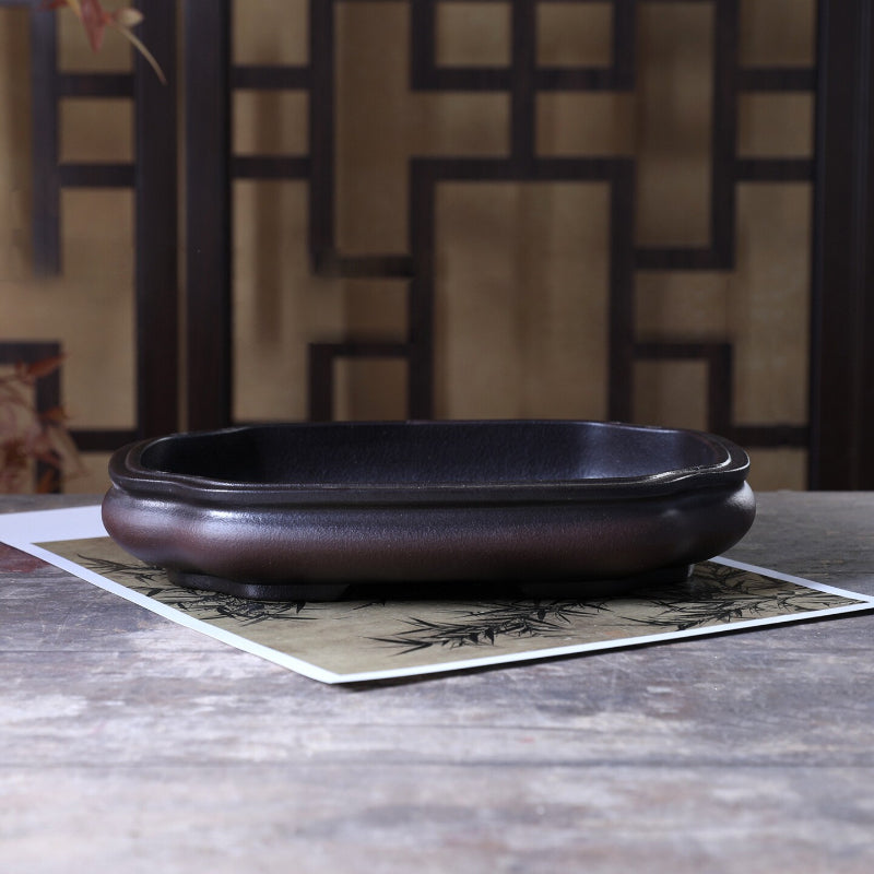 10.6 inch (27cm) Indented Corner Bulged Rectangle Black-Brown Gradient Unglazed Shallow Bonsai Pot