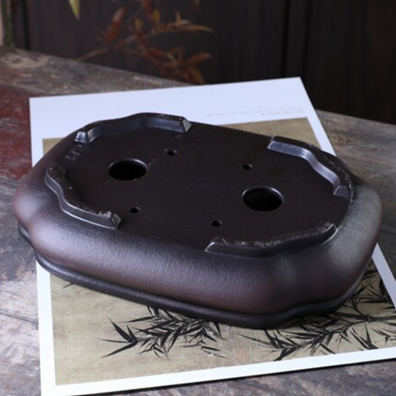 10.6 inch (27cm) Indented Corner Bulged Rectangle Black-Brown Gradient Unglazed Shallow Bonsai Pot Bottom Outside View