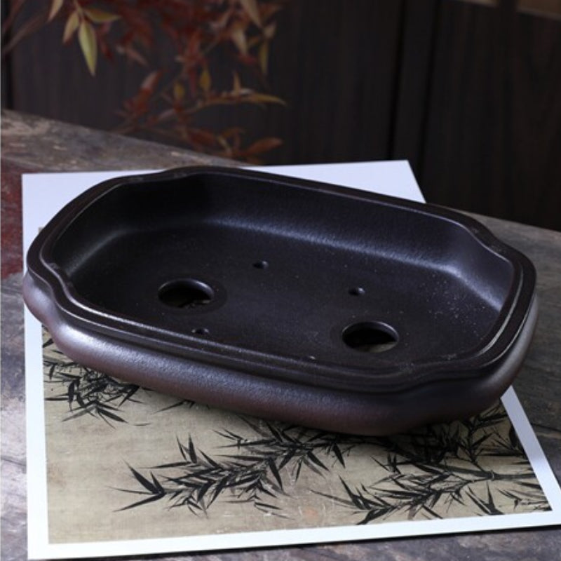 10.6 inch (27cm) Indented Corner Bulged Rectangle Black-Brown Gradient Unglazed Shallow Bonsai Pot Inside View