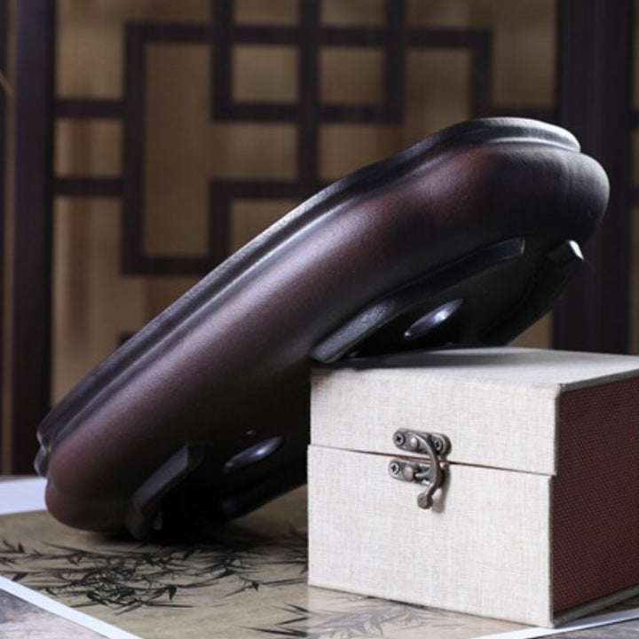 10.6 inch (27cm) Indented Corner Bulged Rectangle Black-Brown Gradient Unglazed Shallow Bonsai Pot Side View