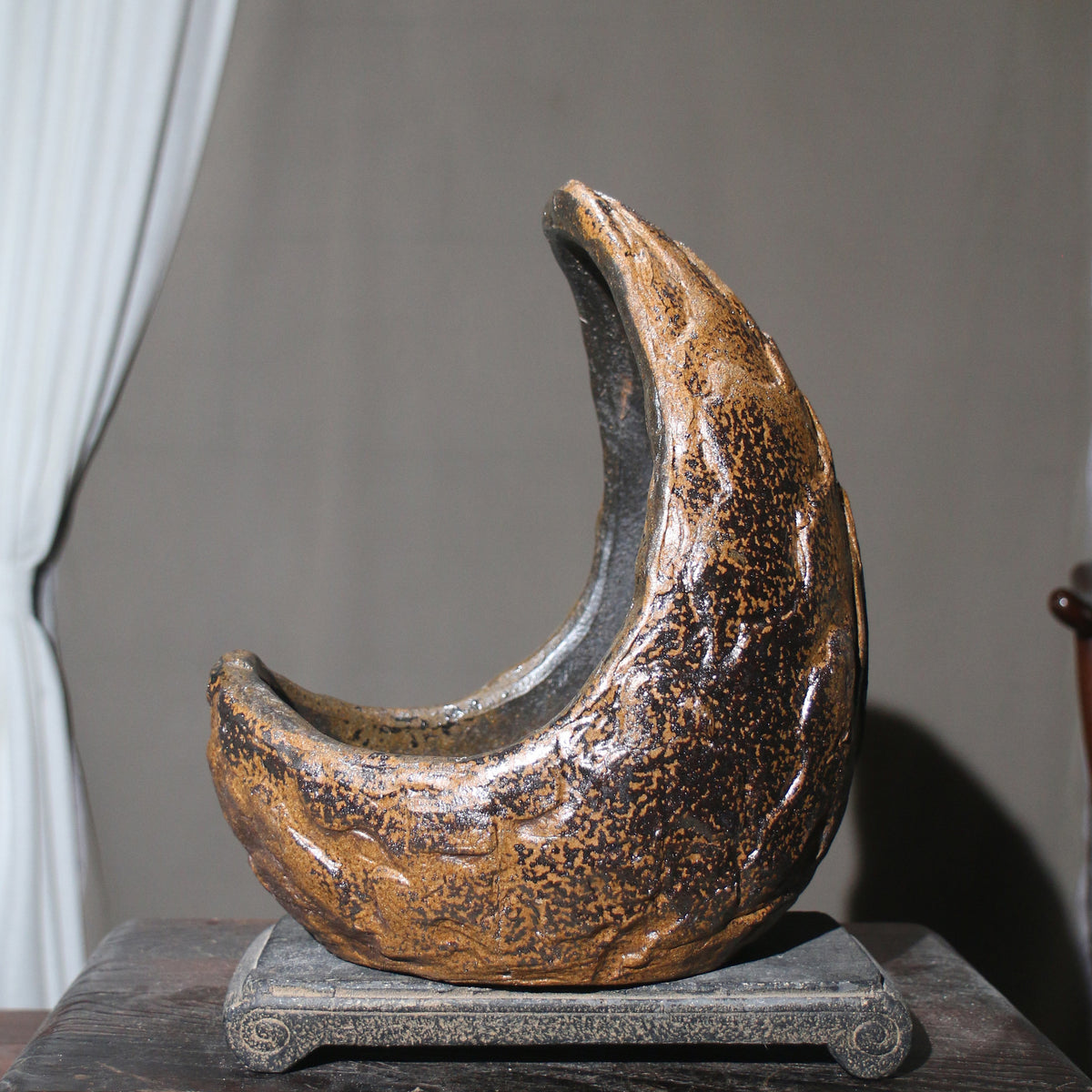 10.6" Large Handcrafted Rustic Abstract Crescent Bonsai Pot