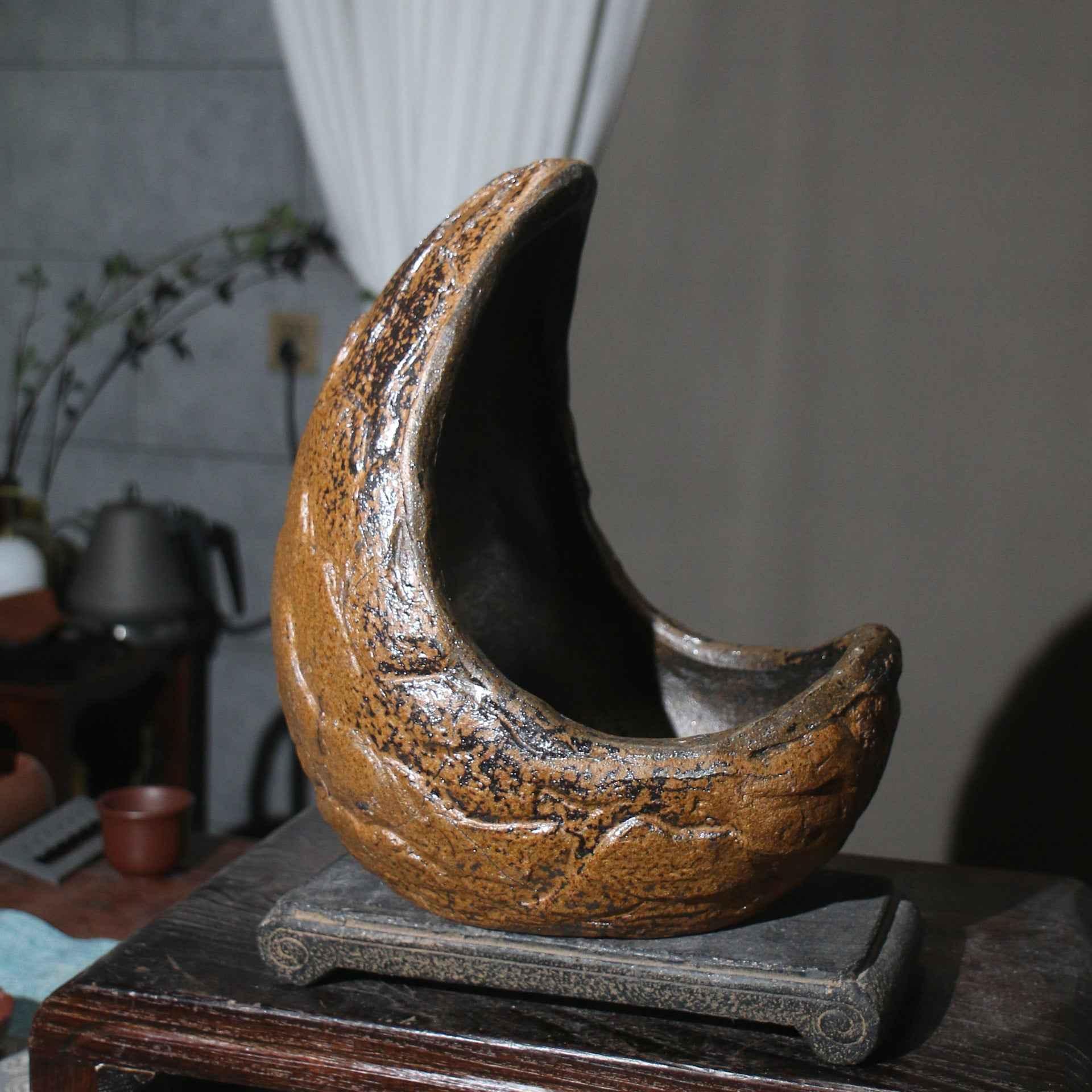 10.6" (27cm) Large Handcrafted Rustic Abstract Crescent Bonsai Pot