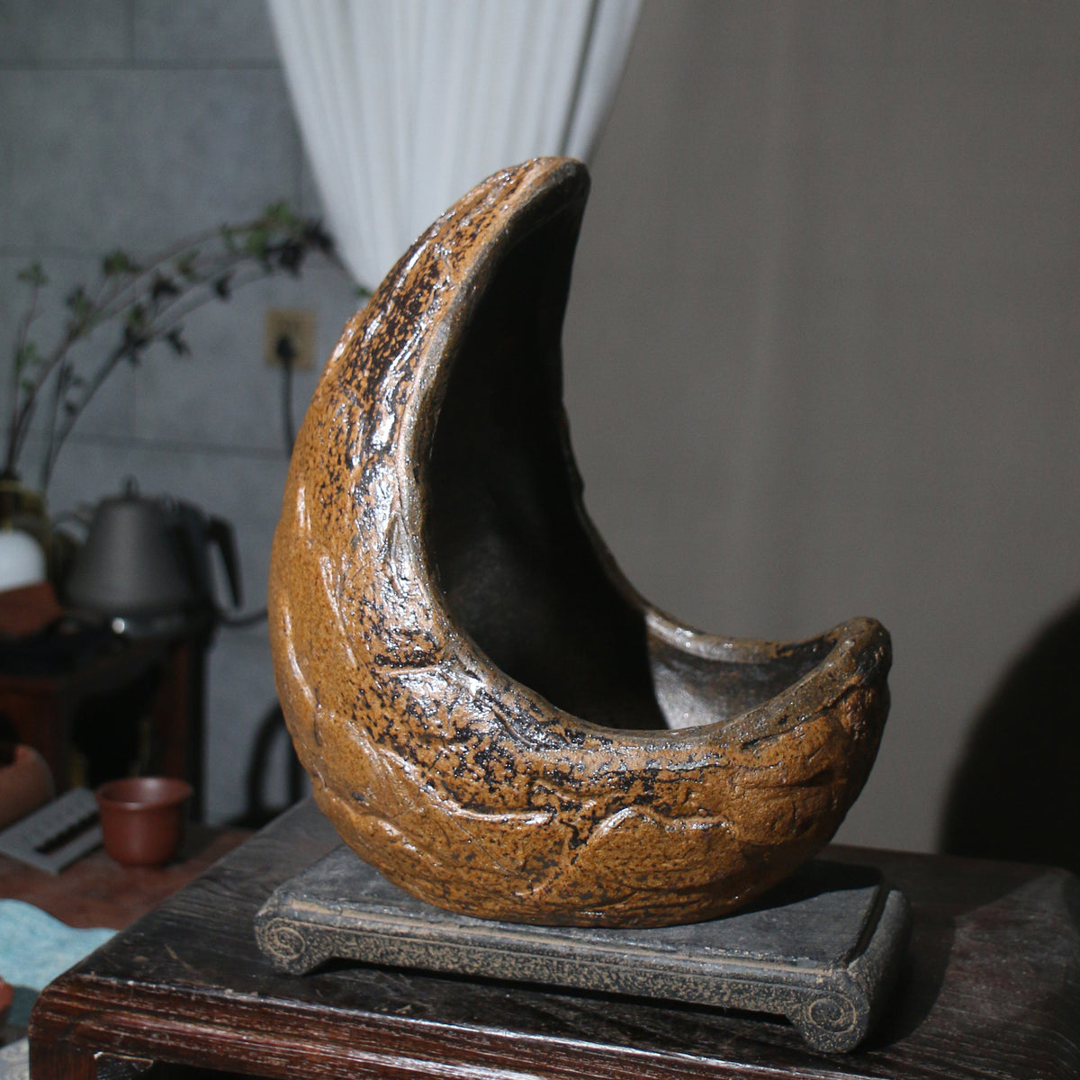 10.6" Large Handcrafted Rustic Abstract Crescent Bonsai Pot Corner View