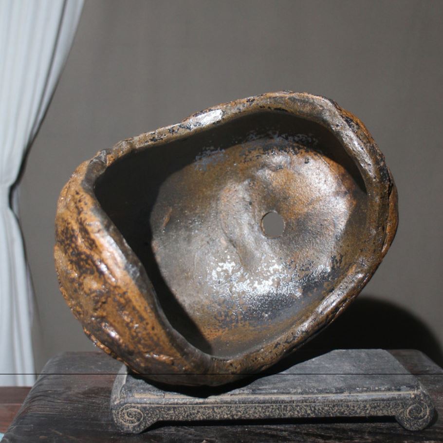 10.6" Large Handcrafted Rustic Abstract Crescent Bonsai Pot Inner View