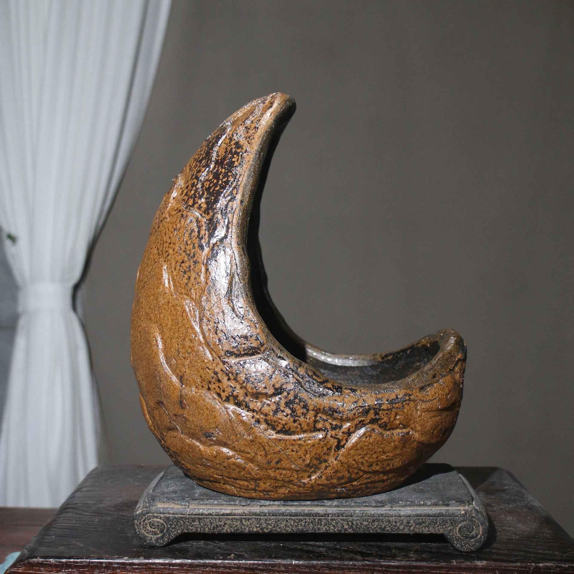 10.6" (27cm) Large Handcrafted Rustic Abstract Crescent Bonsai Pot