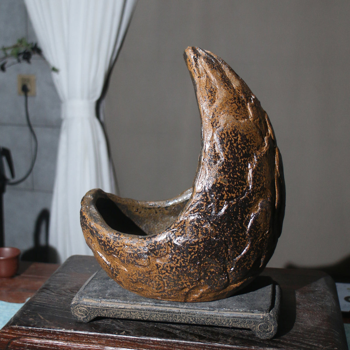 10.6" Large Handcrafted Rustic Abstract Crescent Bonsai Pot Top View