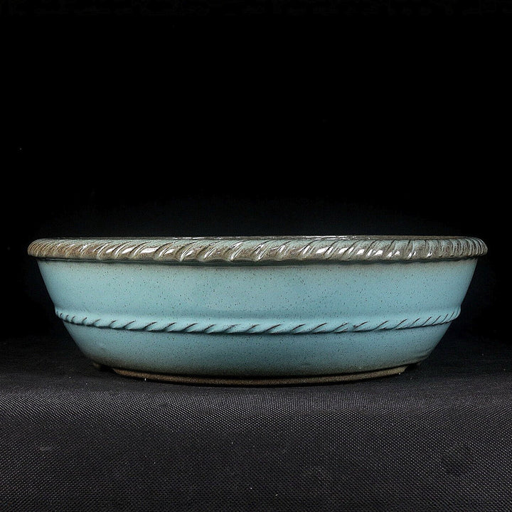10.6 inch (27cm) Large Flared Round Green Glazed Bonsai Pot with Rope Twist Style Design
