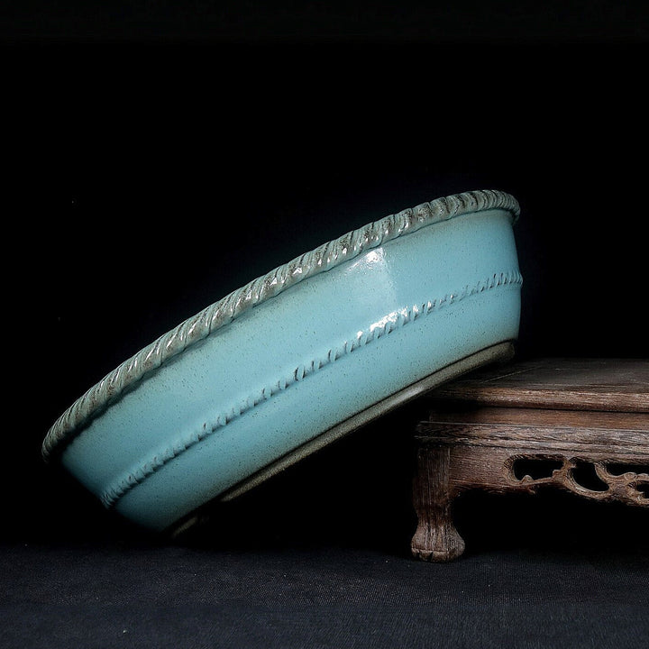 10.6 inch (27cm) Large Flared Round Green Glazed Bonsai Pot with Rope Twist Style Design Side View