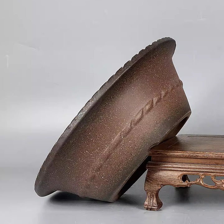 10.6 inch (27cm) Large Flared Round Traditional Unglazed Ceramic Bonsai Pot Side View