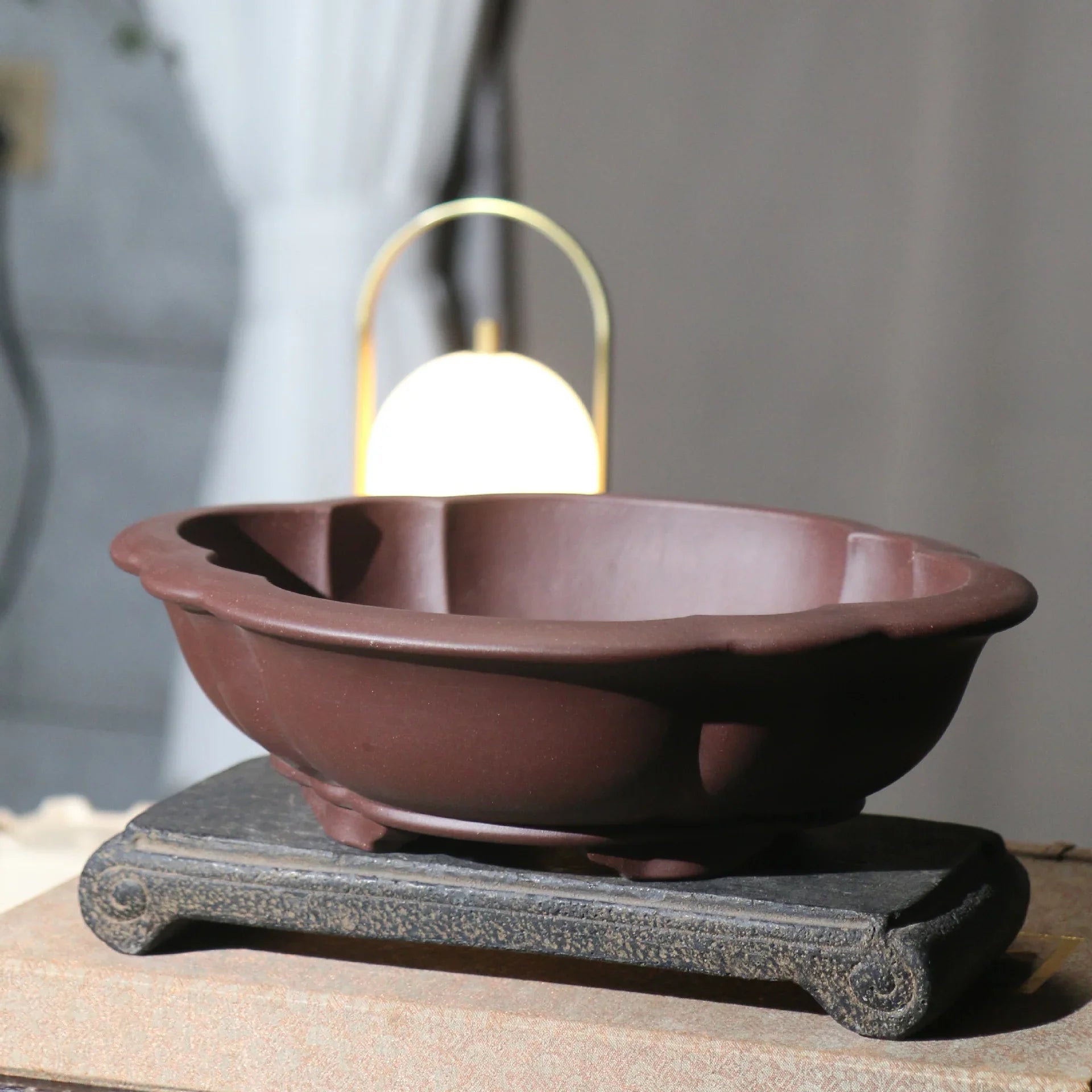 10.6 inch (27cm) Large Handmade Premium Oval Flower-Shaped Bonsai Pot Corner View