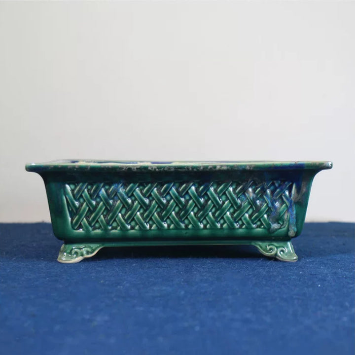 10.6 inch (27cm) Large Rectangular Green Glazed Bonsai Pot w Basket-Weave Design
