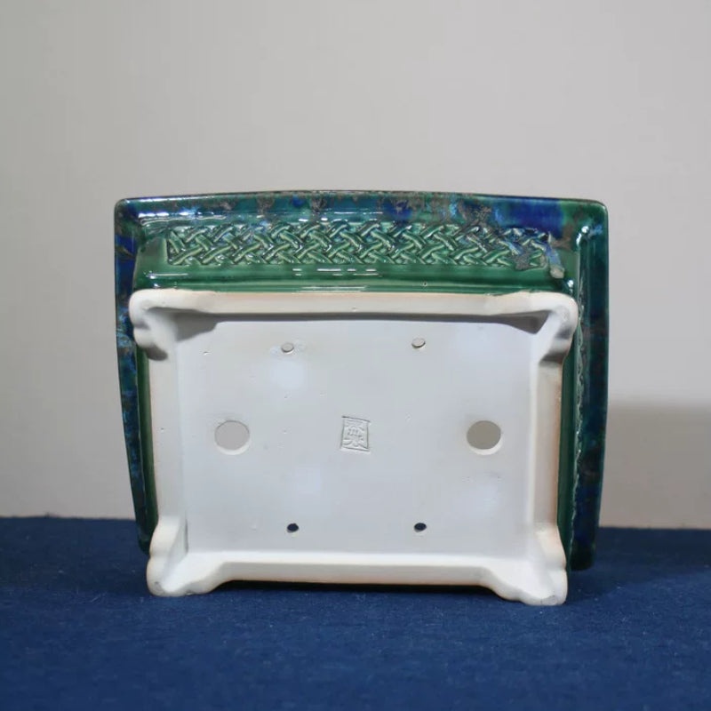 10.6 inch (27cm) Large Rectangular Green Glazed Bonsai Pot w Basket-Weave Design Bottom View