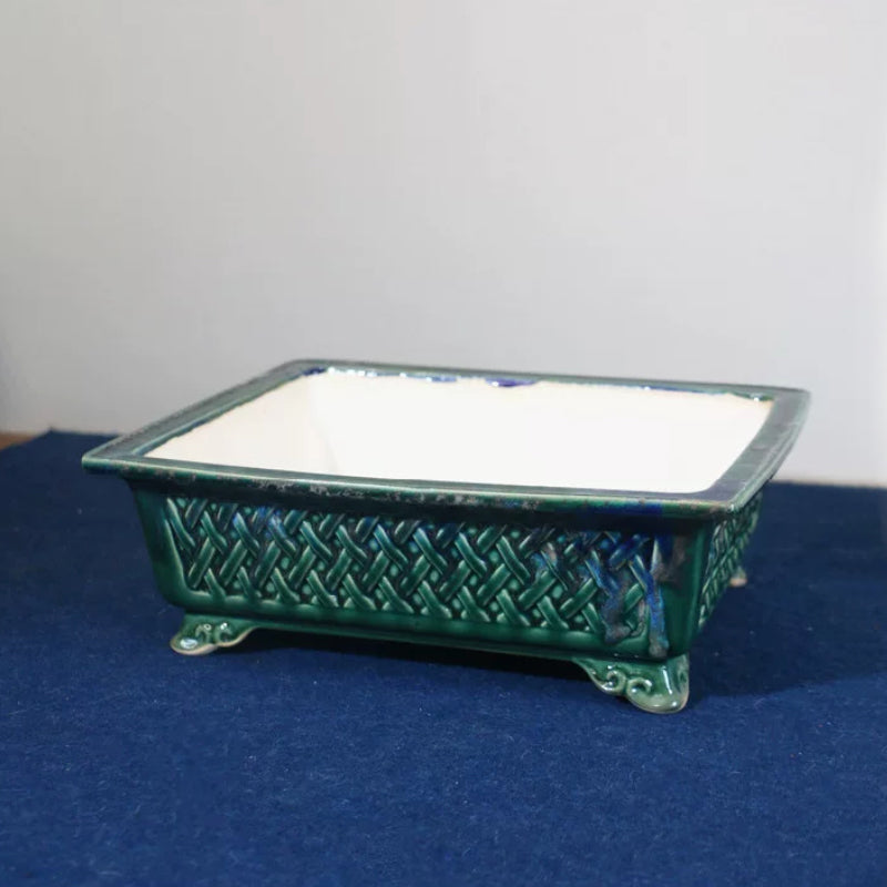 10.6 inch (27cm) Large Rectangular Green Glazed Bonsai Pot w Basket-Weave Design Top Corner View