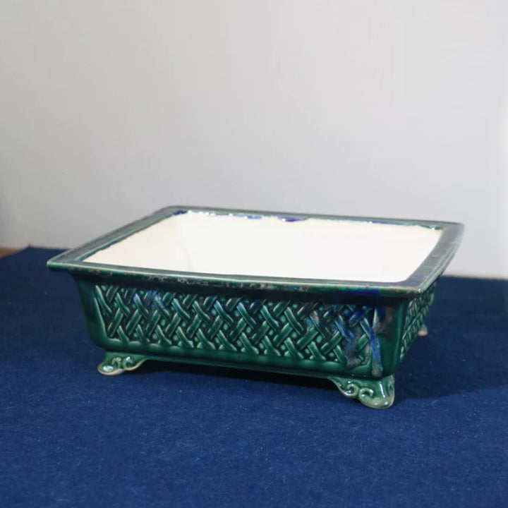 10.6 inch (27cm) Large Rectangular Green Glazed Bonsai Pot w Basket-Weave Design Top Corner View