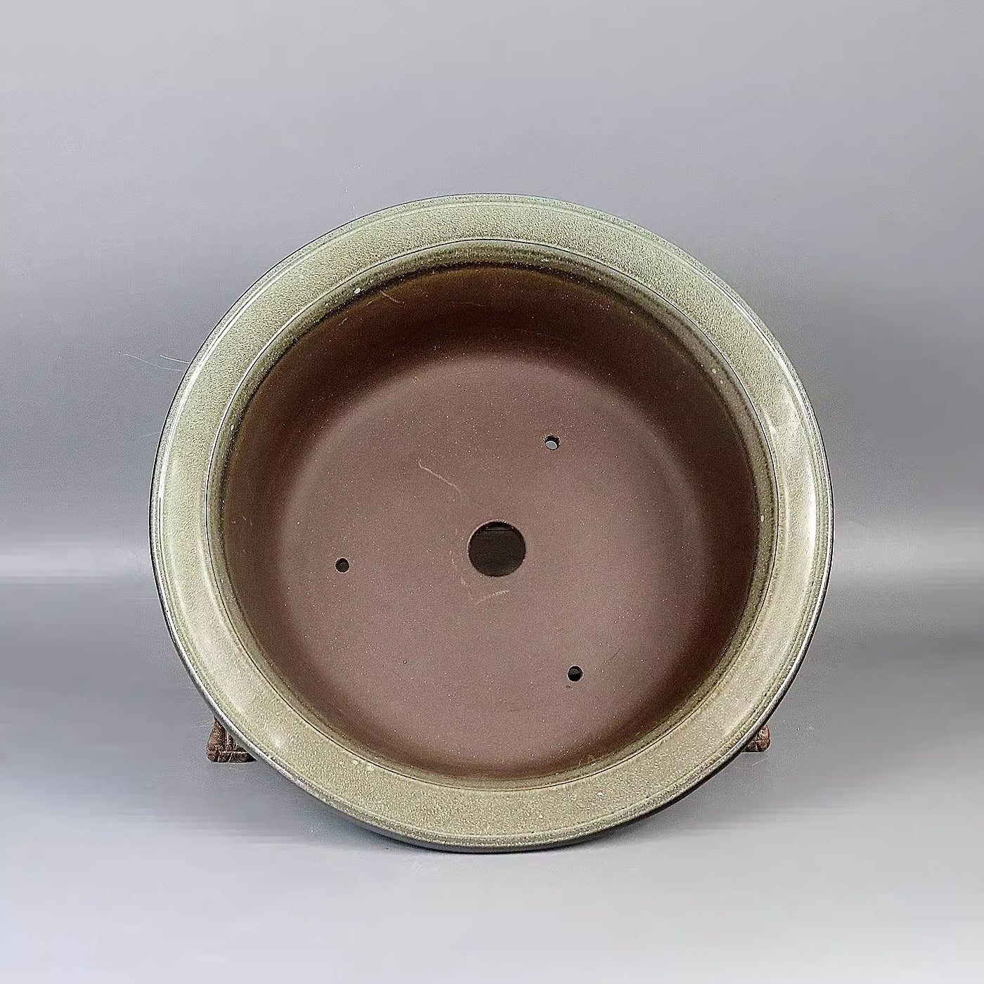 10.6 inch (27cm) Large Round Three-Legged Green Glaze Elegant Bonsai Pot Inner View