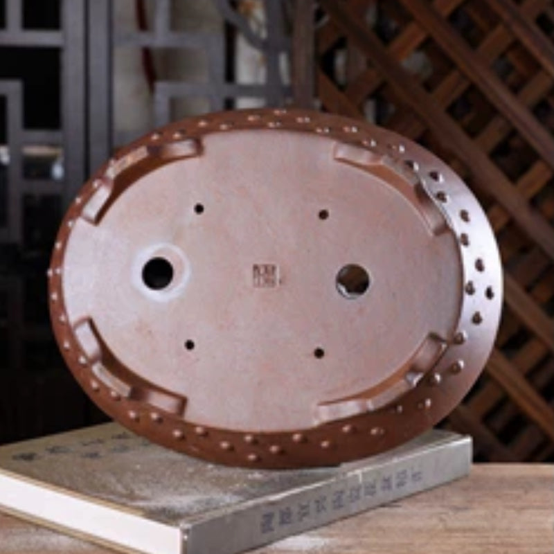 10.8 inch (27.5cm) Large Flared Oval Studded Wood-Fired Unglazed Shallow Bonsai Pot Bottom View