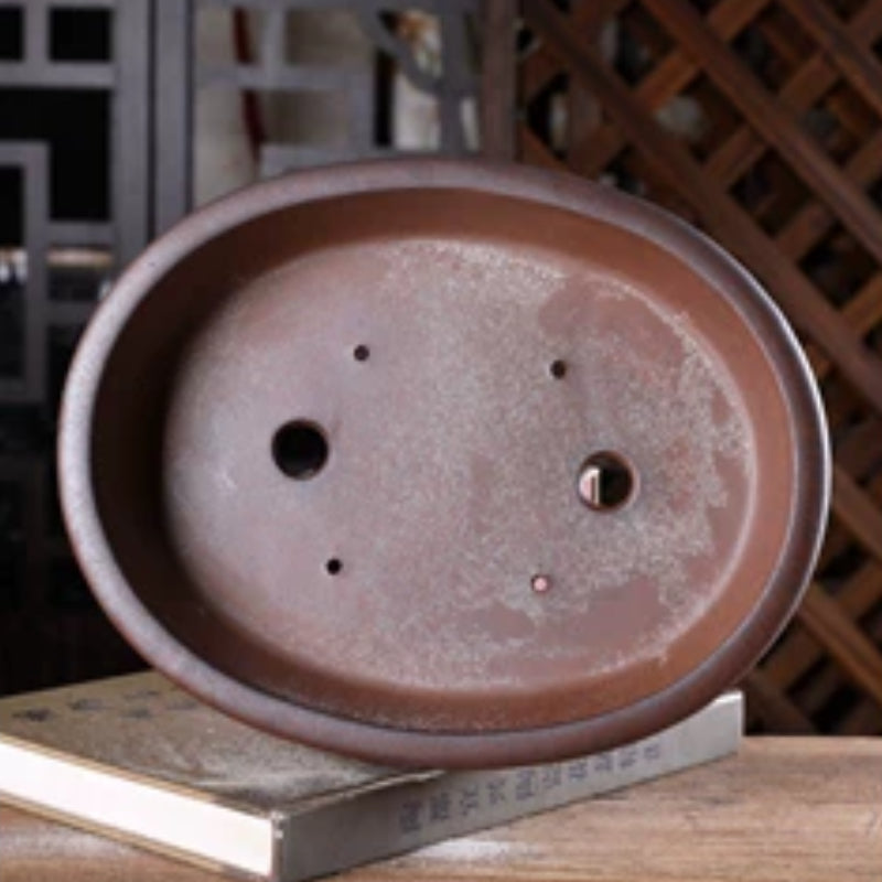 10.8 inch (27.5cm) Large Flared Oval Studded Wood-Fired Unglazed Shallow Bonsai Pot Inner View