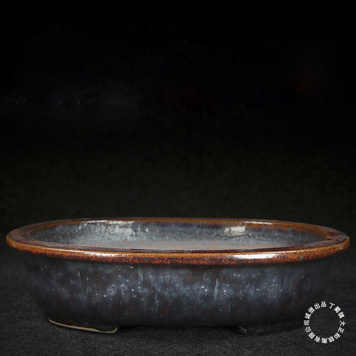 10.8 inch (27.5cm) Large Oval Taisho Kiln Jun Glaze Black-Red Multi-Tone Bonsai Pot 
