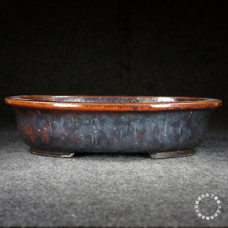 10.8 inch (27.5cm) Large Oval Taisho Kiln Jun Glaze Black-Red Multi-Tone Bonsai Pot 