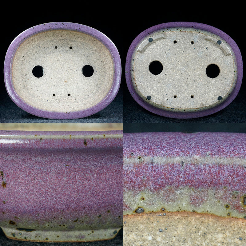 10.8 inch (27.5cm) Large Oval Taisho Kiln Jun Glaze Pink Multi-Tone Bonsai Pot Inner & Bottom View