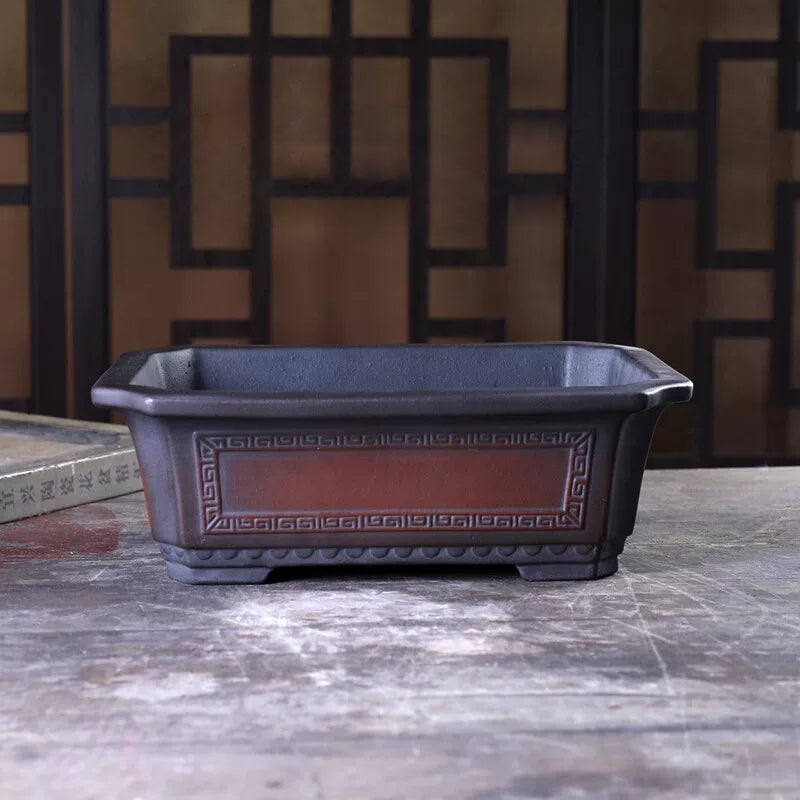 10.8 inch (27.5cm) Large Rectangular Antique-Style Black-Brown Dual Tone Deep Bonsai Pot