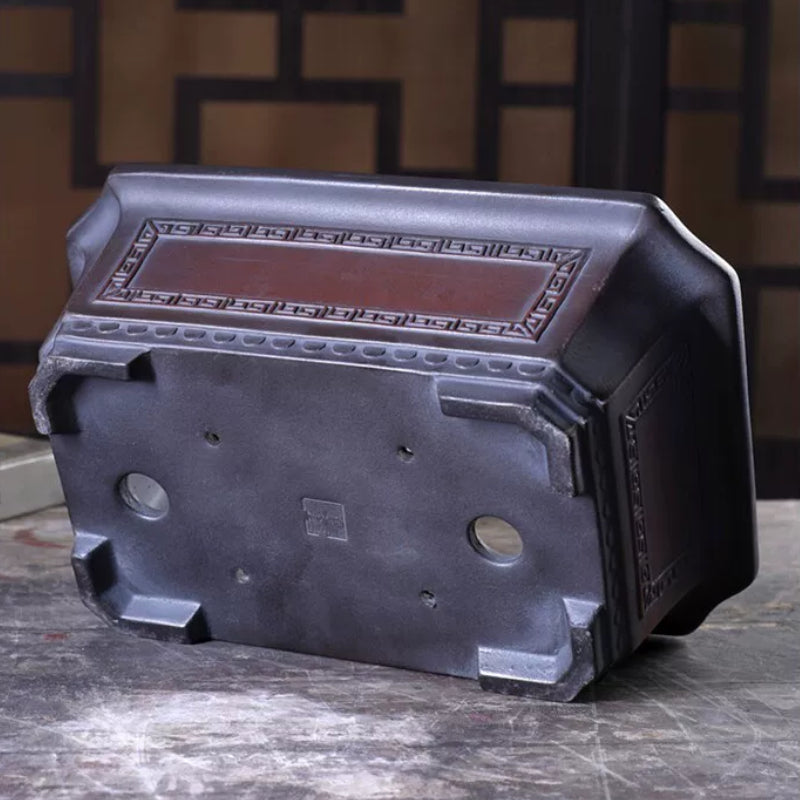 10.8 inch (27.5cm) Large Rectangular Antique-Style Black-Brown Dual Tone Deep Bonsai Pot Bottom View