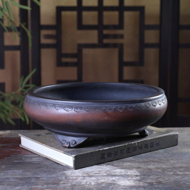 10.8 inch (27.5cm) Large Round Unglazed Antique-Style Bonsai Pot w Decorative Rim