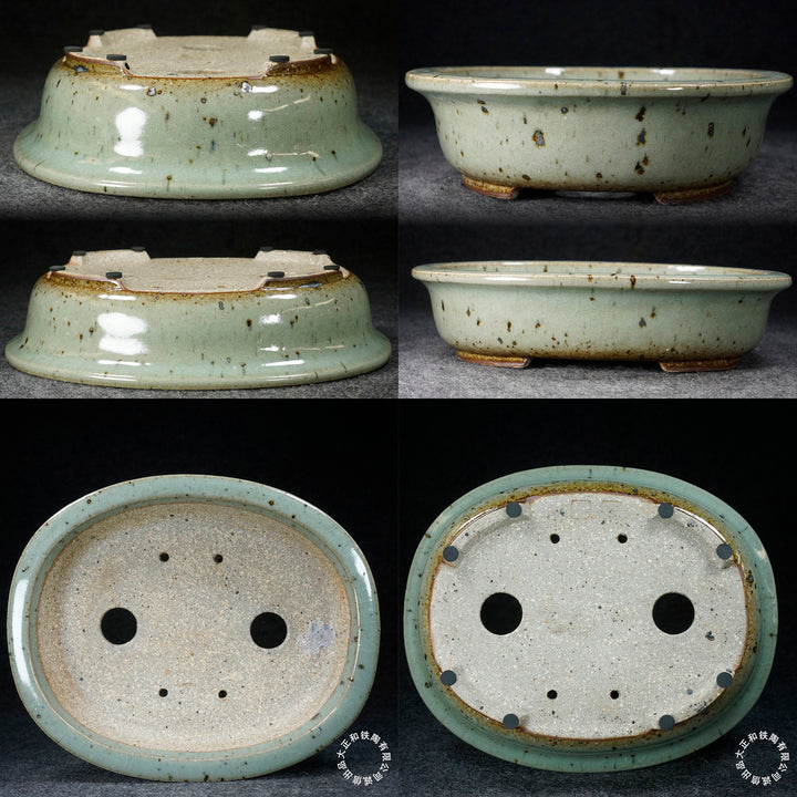 10.8 inch (27.6cm) Large Oval Taisho Kiln Jun Glaze Light Blue-White Multi-Tone Bonsai Pot Inner Bottom View