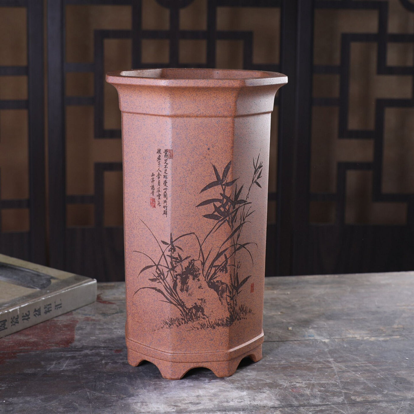 10.9 inch (27.8cm) Extra Deep Octagonal Unglazed Cascade Bonsai Pot w Engravings