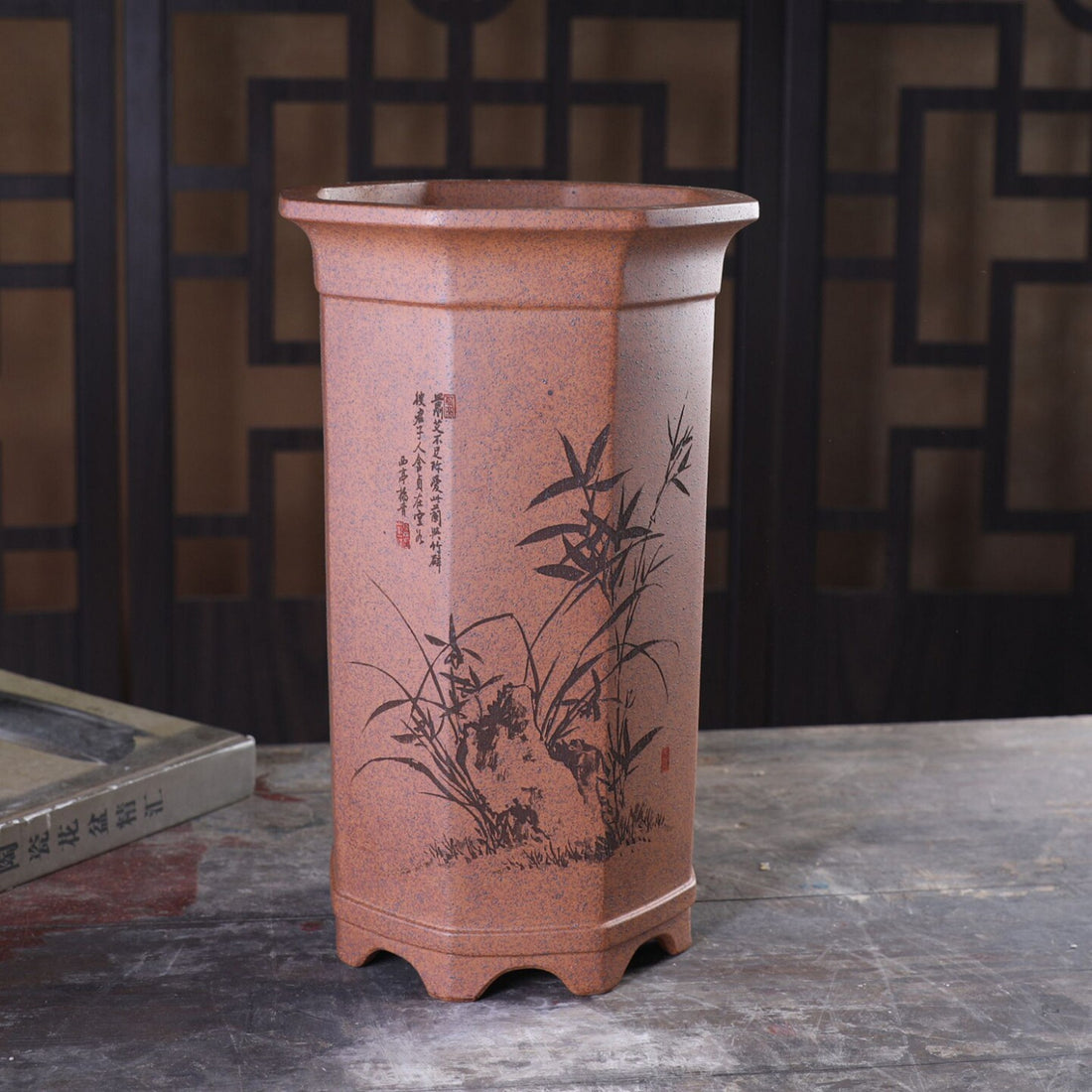 10.9 inch (27.8cm) Extra Deep Octagonal Unglazed Cascade Bonsai Pot w Engravings