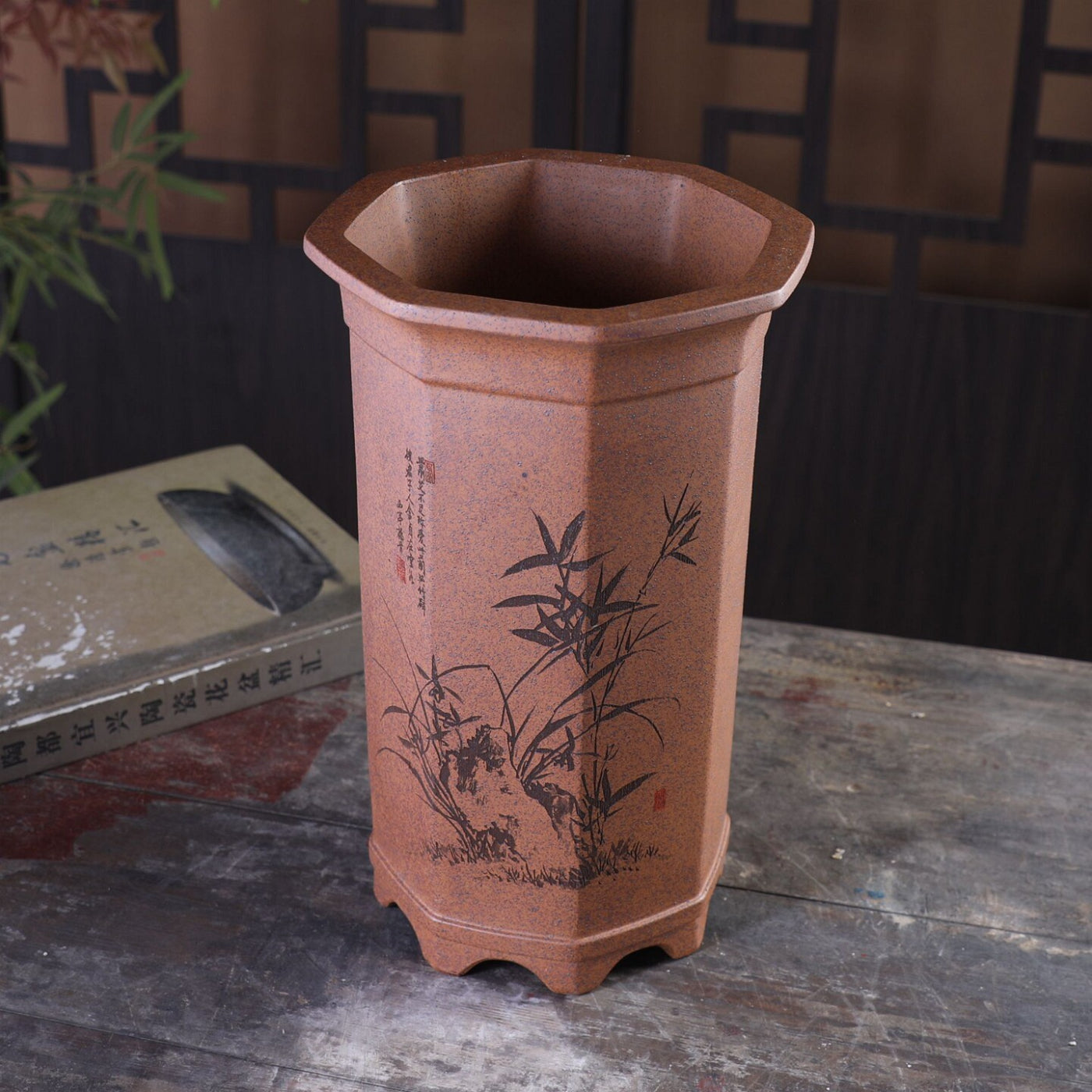 10.9 inch (27.8cm) Extra Deep Octagonal Unglazed Cascade Bonsai Pot w Engravings Top View