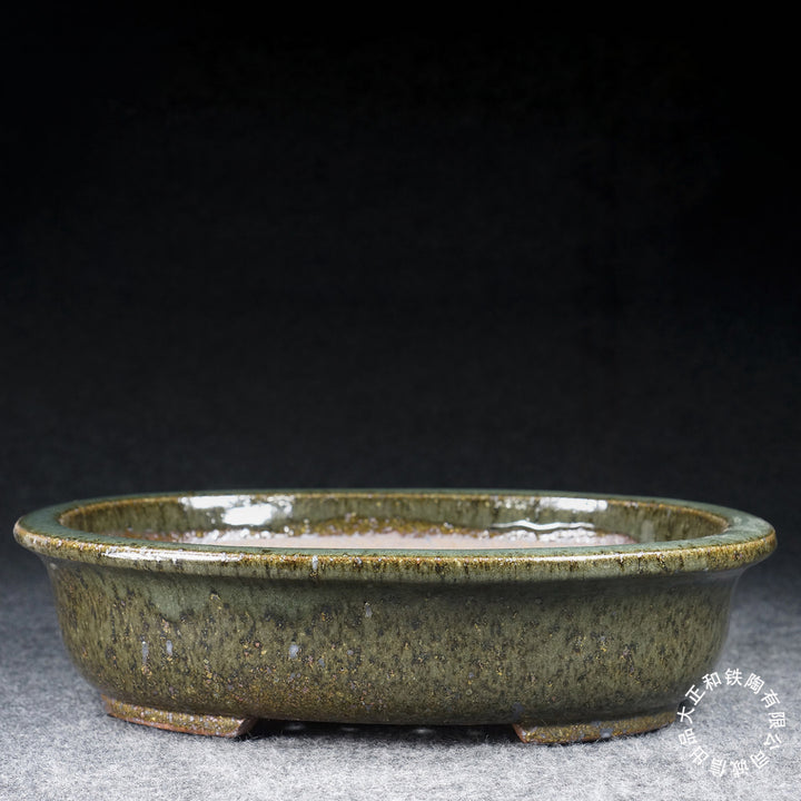 10.9 inch (27.6cm) Large Oval Taisho Kiln Jun Glaze Green Multi-Tone Bonsai Pot