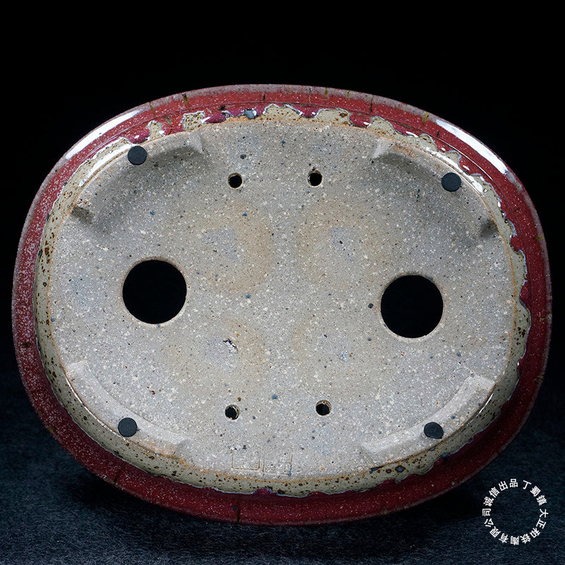 10.9 inch (27.7cm) Large Oval Taisho Kiln Jun Glaze Red-Beige Multi-Tone Bonsai Pot Bottom View