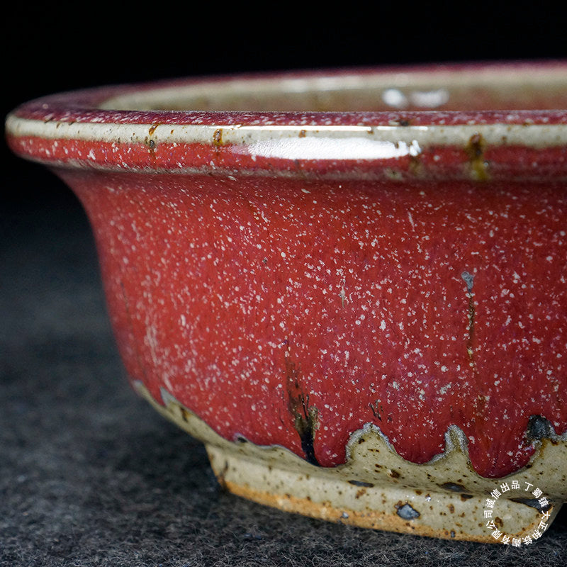 10.9 inch (27.7cm) Large Oval Taisho Kiln Jun Glaze Red-Beige Multi-Tone Bonsai Pot Close Shot