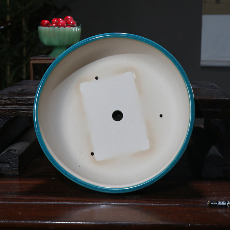 10 Inch (25.5cm) Large Round Studded Glazed Drum Bonsai Pots Inner View