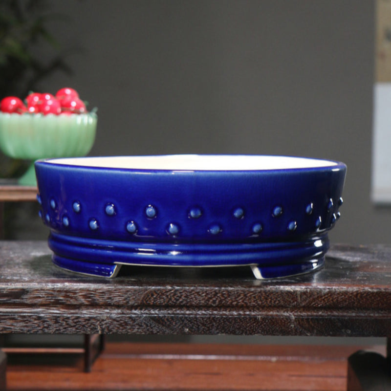 10 Inch (25.5cm) Large Round Studded Glazed Drum Bonsai Pots