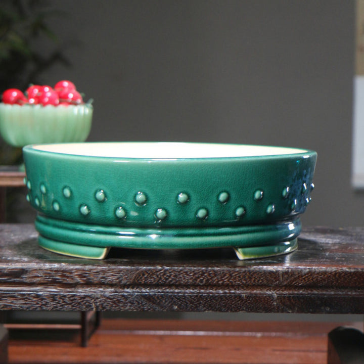 10 Inch (25.5cm) Large Round Studded Glazed Drum Bonsai Pots