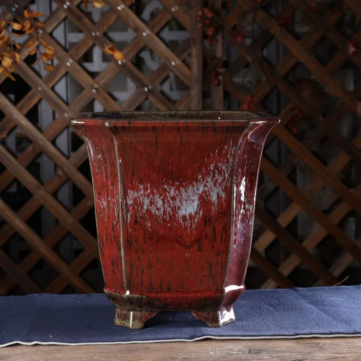 10 inch (25.5cm) Deep Square Corner-Cut Wood-Fired Unique Red Glazed Cascade Bonsai Pot