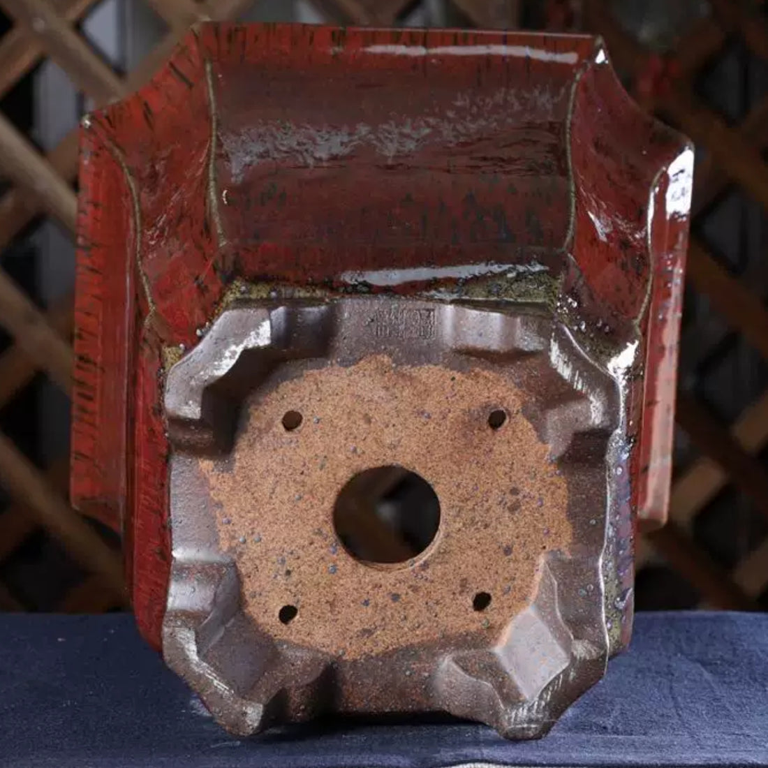 10 inch (25.5cm) Deep Square Corner-Cut Wood-Fired Unique Red Glazed Cascade Bonsai Pot Bottom View